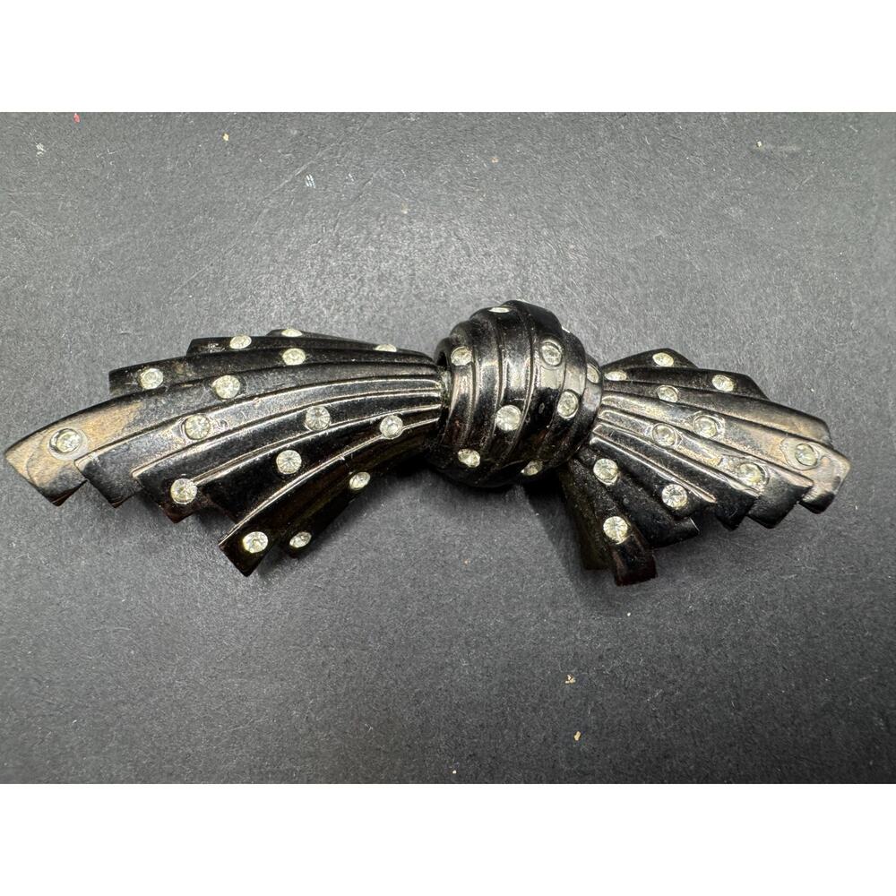 Vintage Givenchy Signed Gunmetal Crystal Bow Ribbon Large Brooch Pin